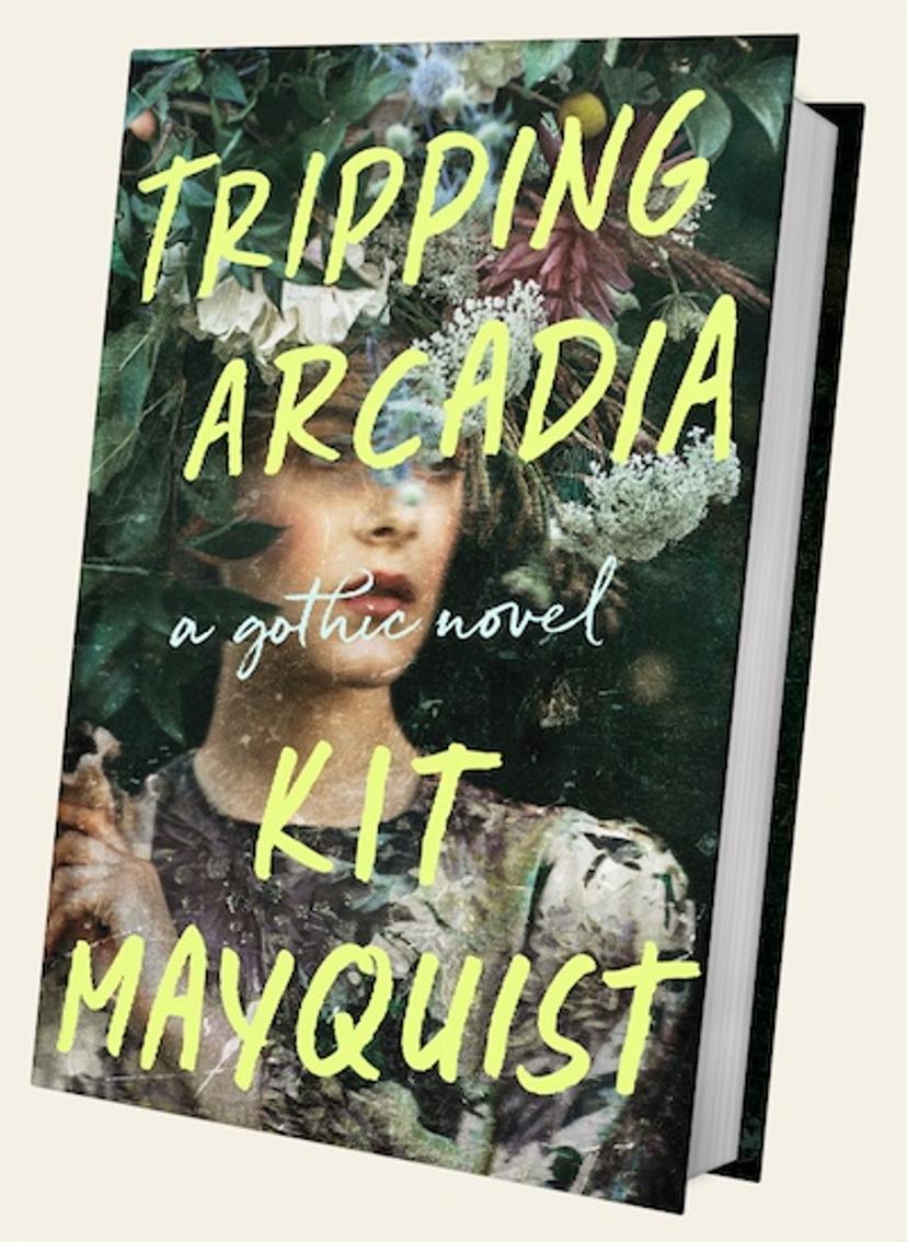 Tripping Arcadia book cover featuring a young woman hiding in lush greenery